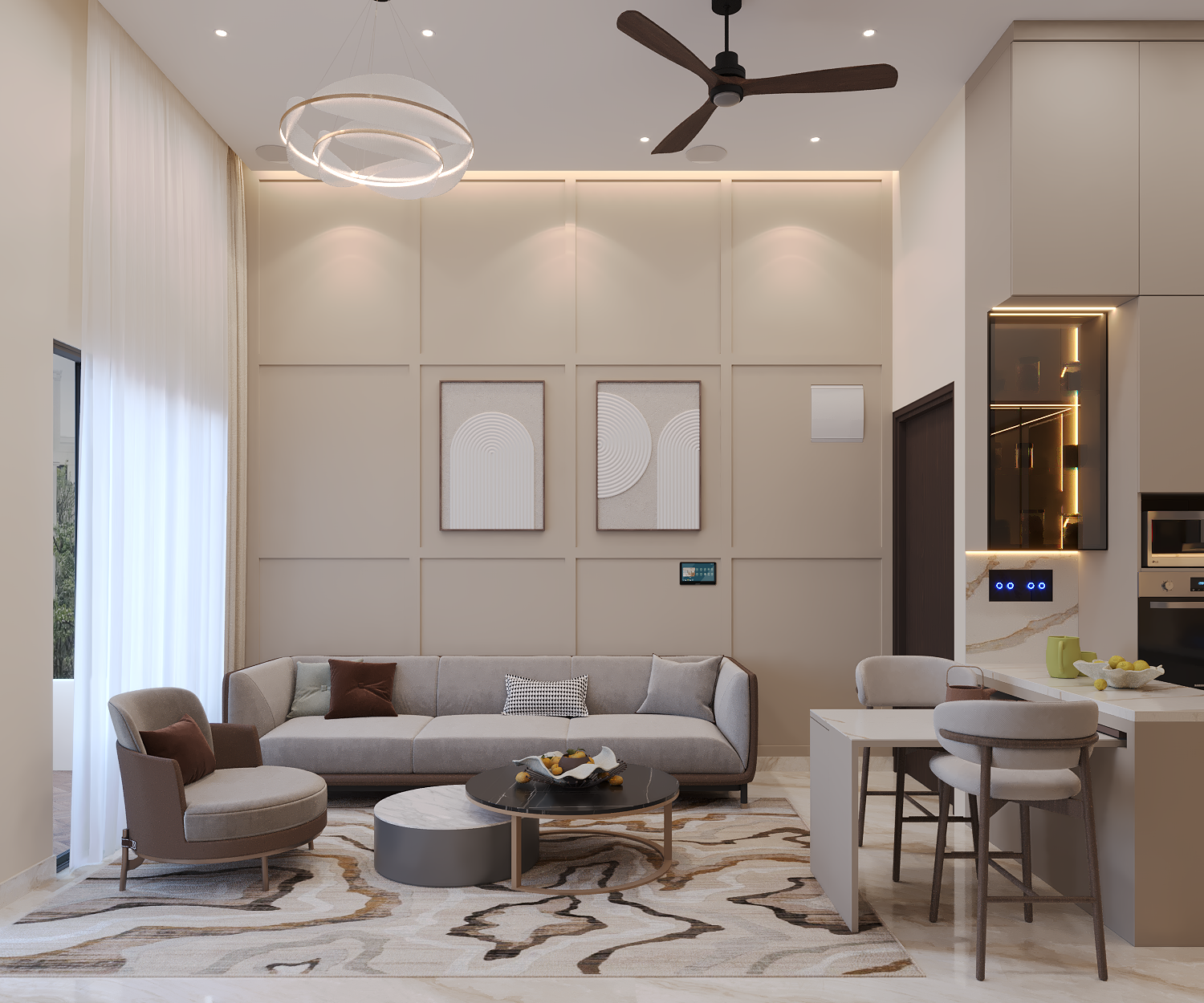 Living room feature wall with recessed wainscoting, relief artwork and a touch-panel smart switch