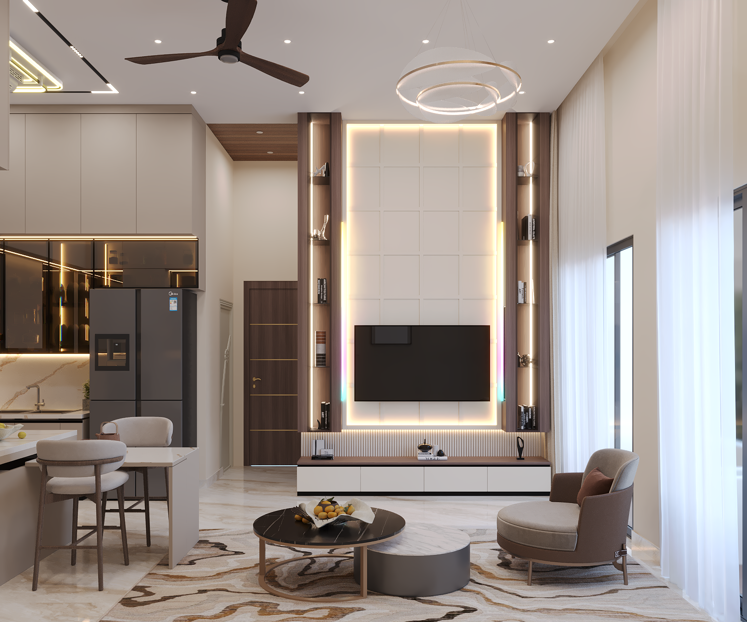 TV wall with floating walnut veneer towers, open shelving and concealed RGBIC lighting