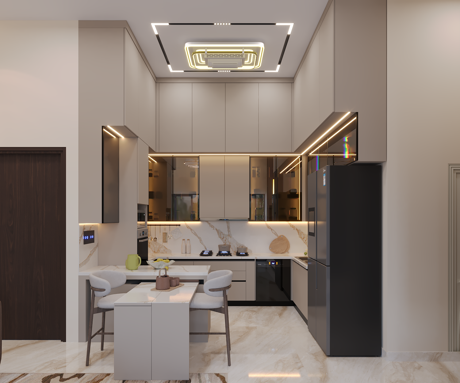 Modular kitchen with matte beige cabinetry, black Gola profiles and a rotatable dining table
