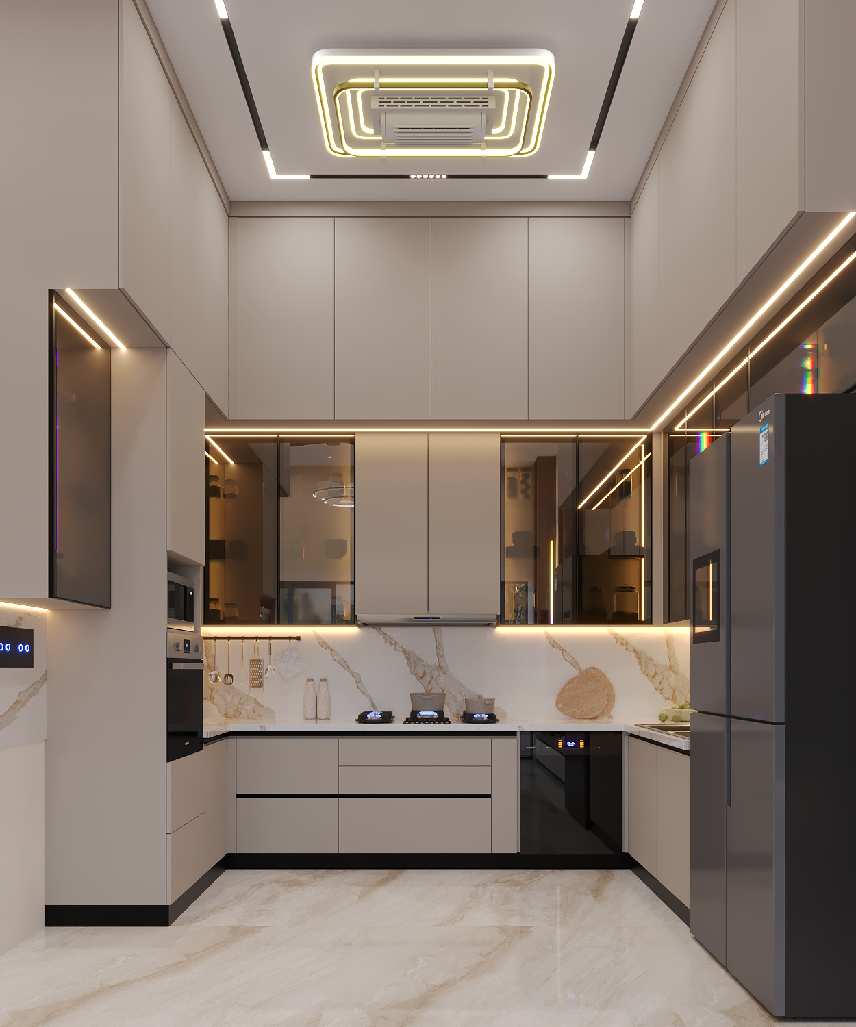 Floor-to-ceiling tall unit with built-in oven and microwave, and a marble-effect wet zone