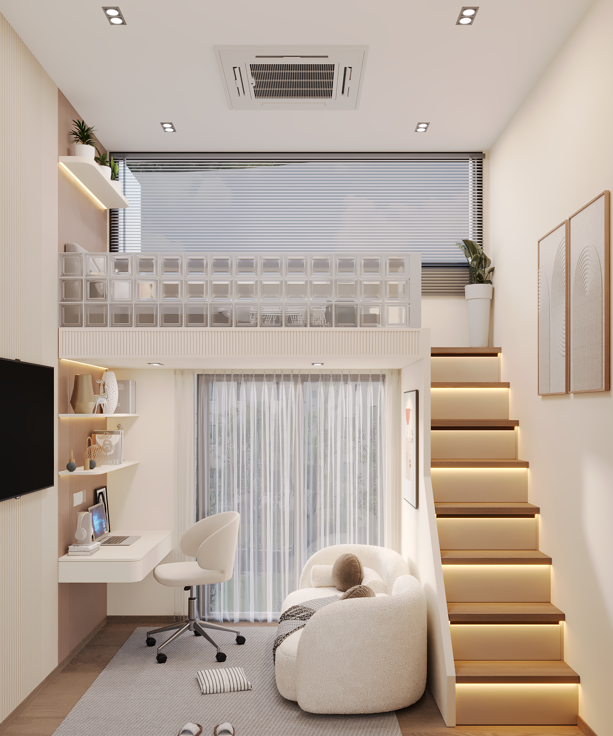 Mezzanine bedroom with glass-block railing above a ground-floor work-from-home and lounge zone