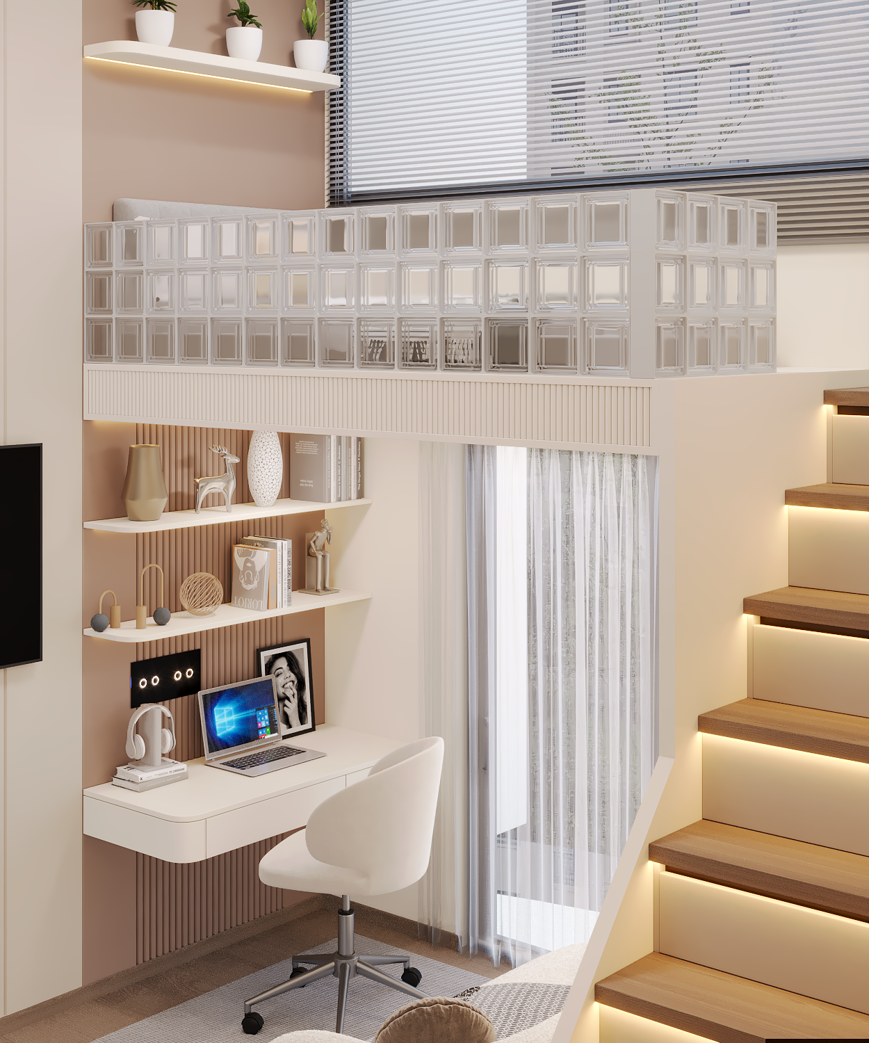 Floating desk and backlit fluted shelving beneath the mezzanine loft bed, next to a lit staircase
