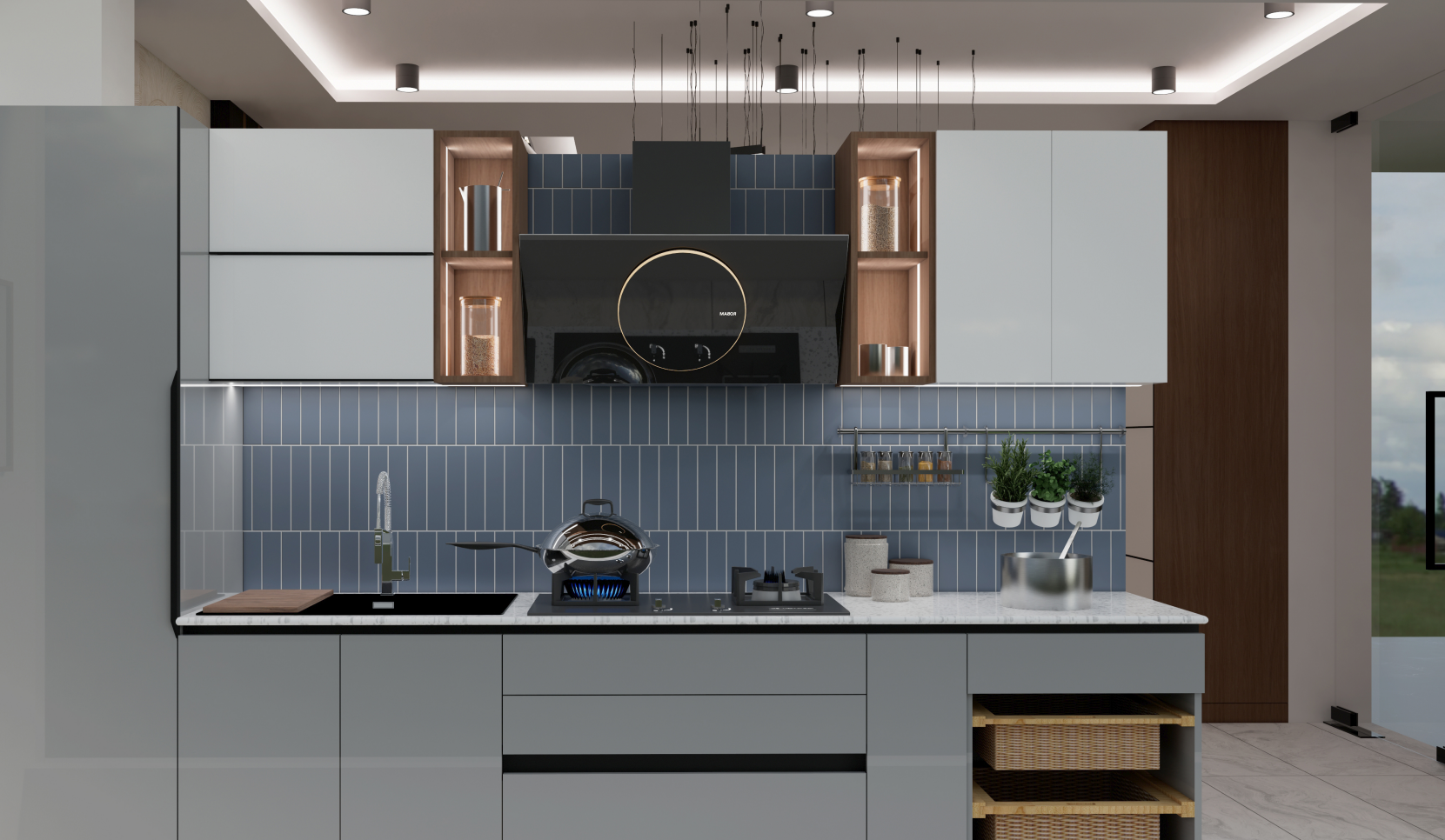 Modern modular kitchen with organized spice drawers, pressure cooker storage, and contemporary Indian cooking setup
